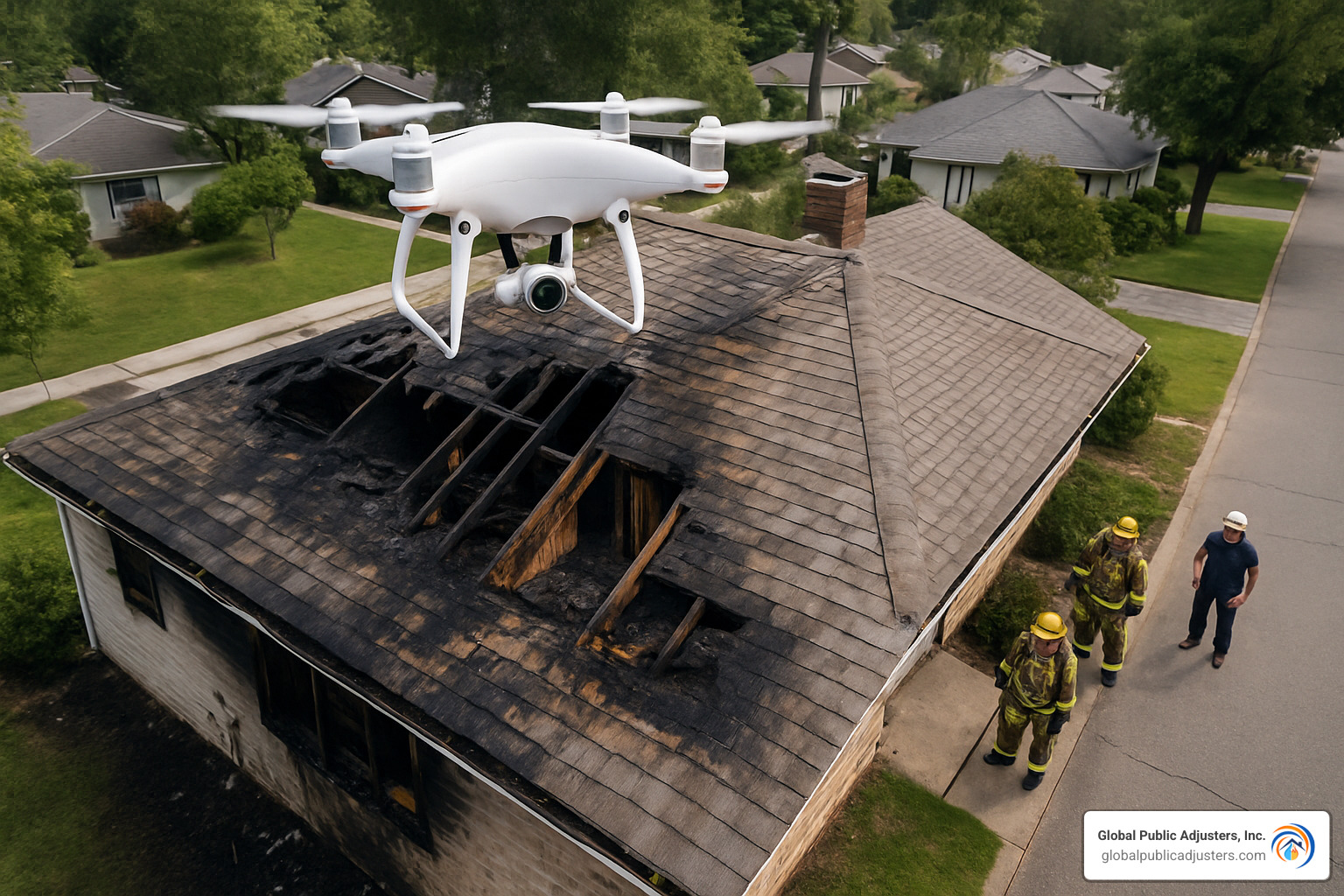 Drone conducting aerial inspection of fire-damaged roof structure - fire damage assessment services