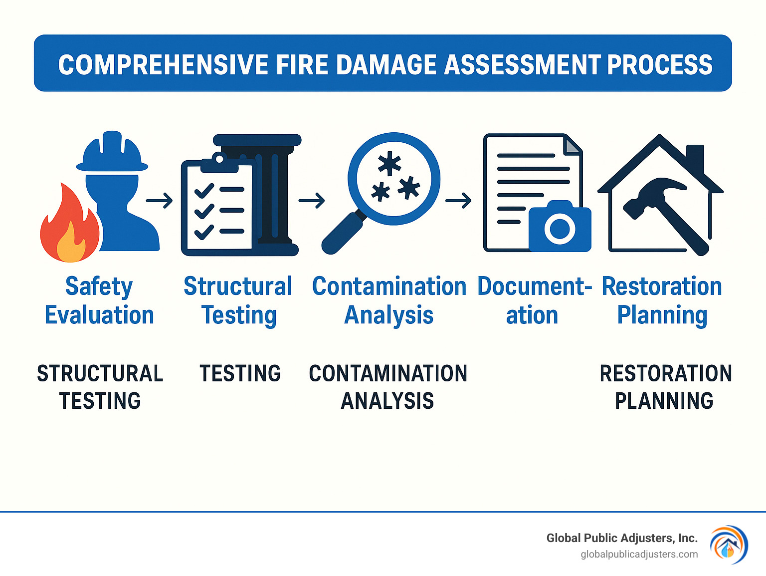 Comprehensive fire damage assessment process showing safety evaluation, structural testing, contamination analysis, documentation, and restoration planning phases - fire damage assessment services infographic 