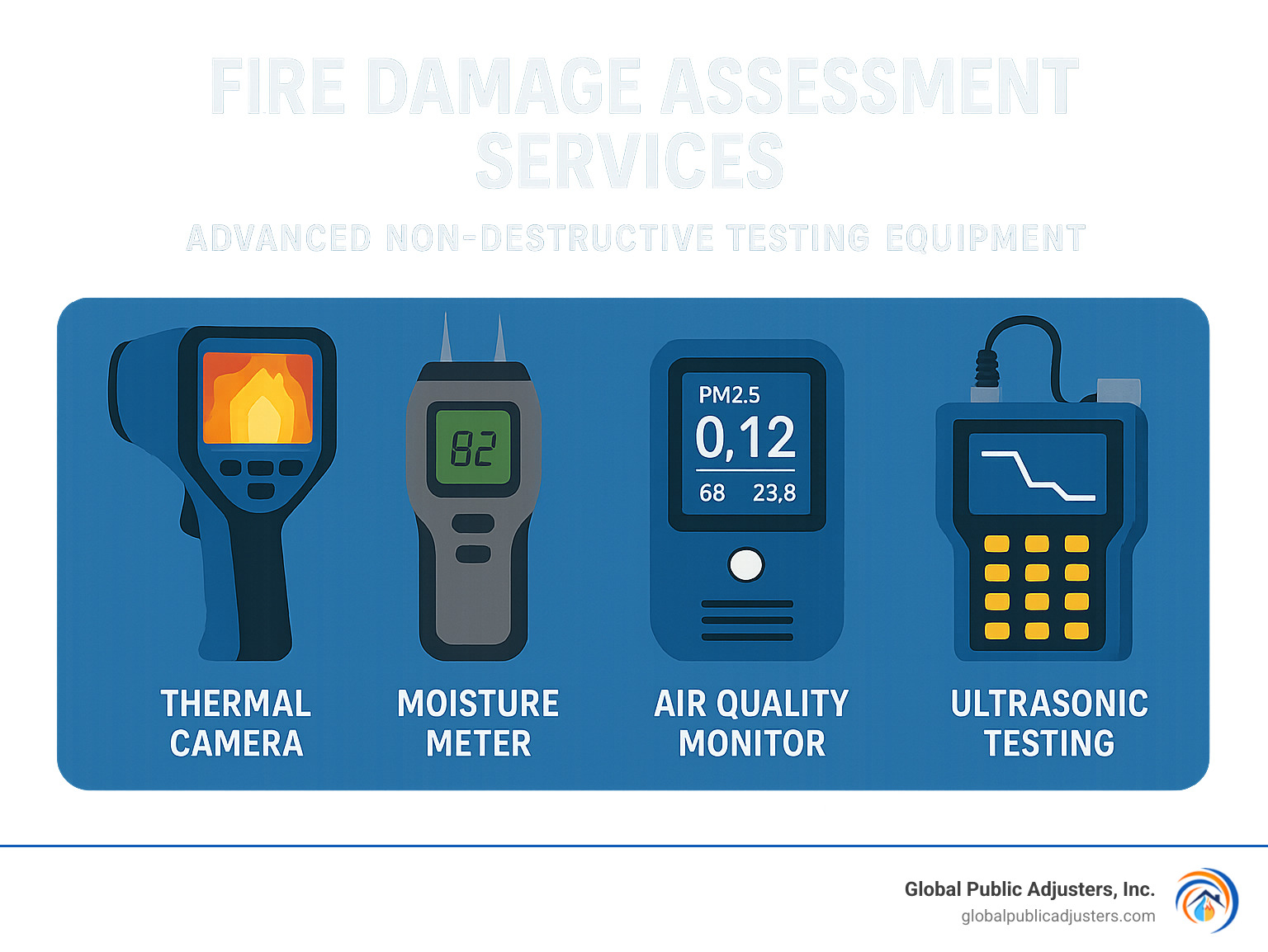 Advanced non-destructive testing equipment including thermal cameras, moisture meters, air quality monitors, and ultrasonic testing devices used in fire damage assessment - fire damage assessment services infographic 