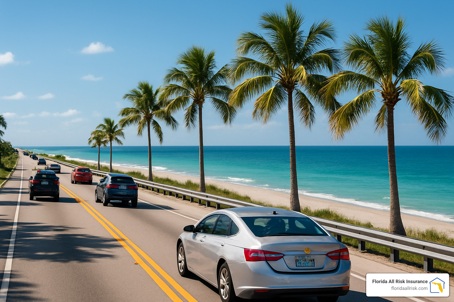 Florida beach traffic with cars safely navigating coastal highway - Auto insurance coverage options