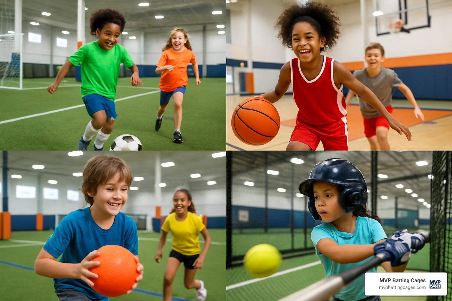 Collage showing kids playing various sports including soccer, basketball, dodgeball, and using batting cages at an indoor sports complex - sports complex birthday party