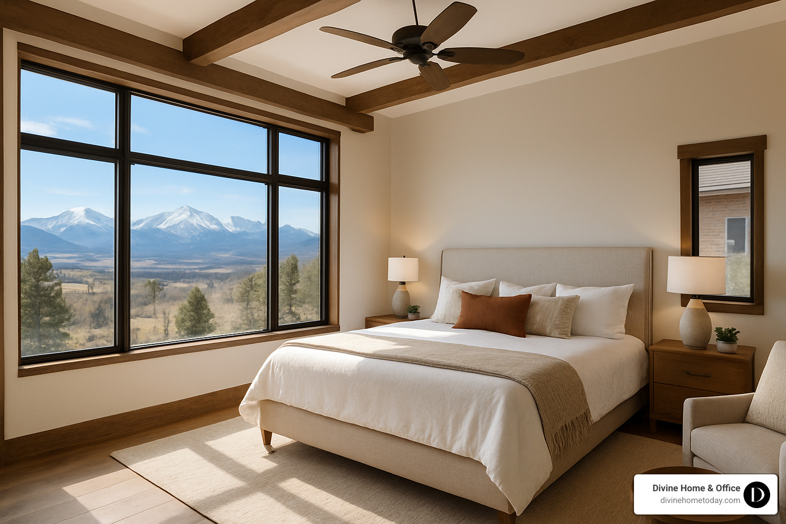 staged master bedroom with mountain views - Home staging professionals Denver