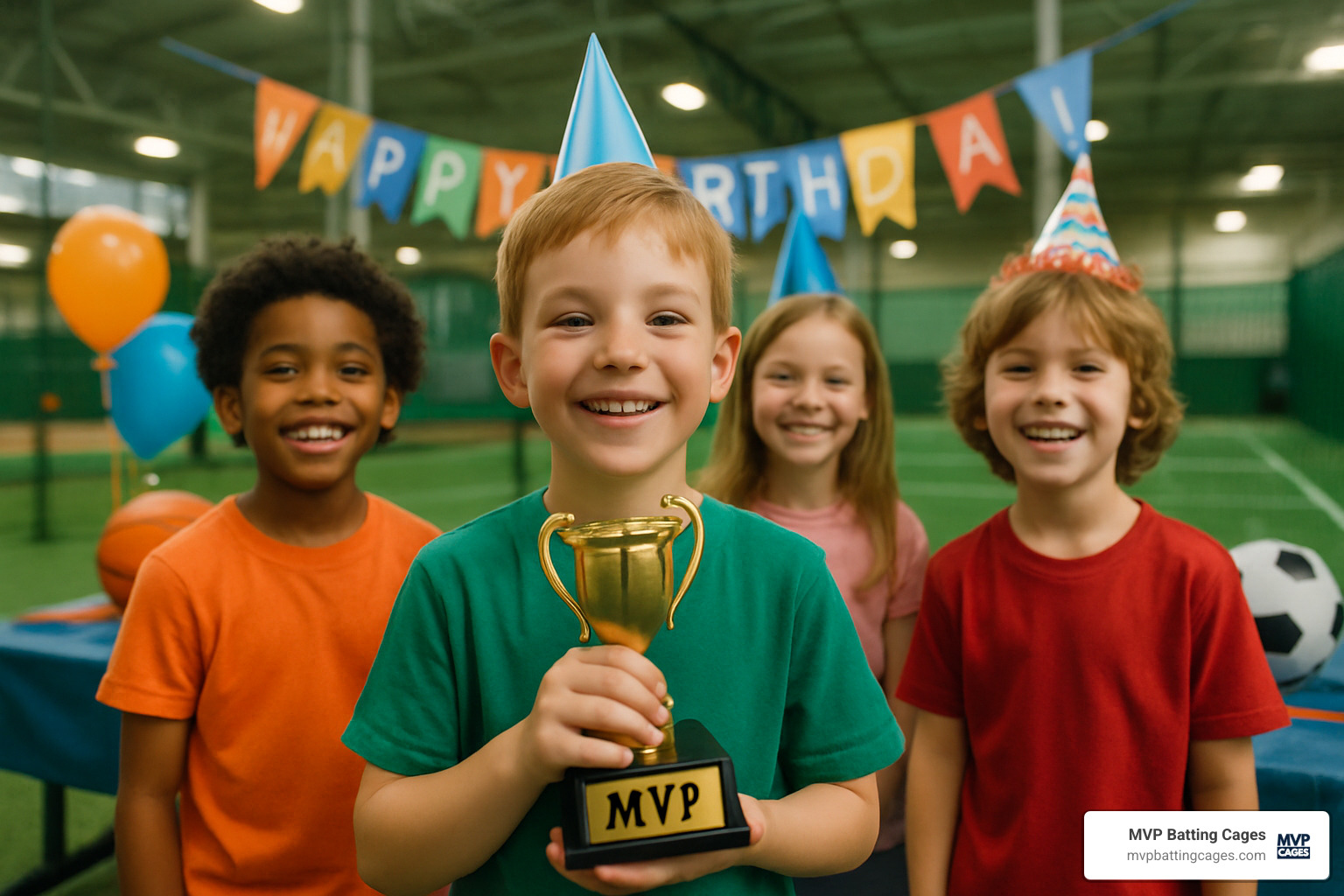 Birthday child holding MVP trophy with big smile surrounded by friends at sports complex party - sports complex birthday party