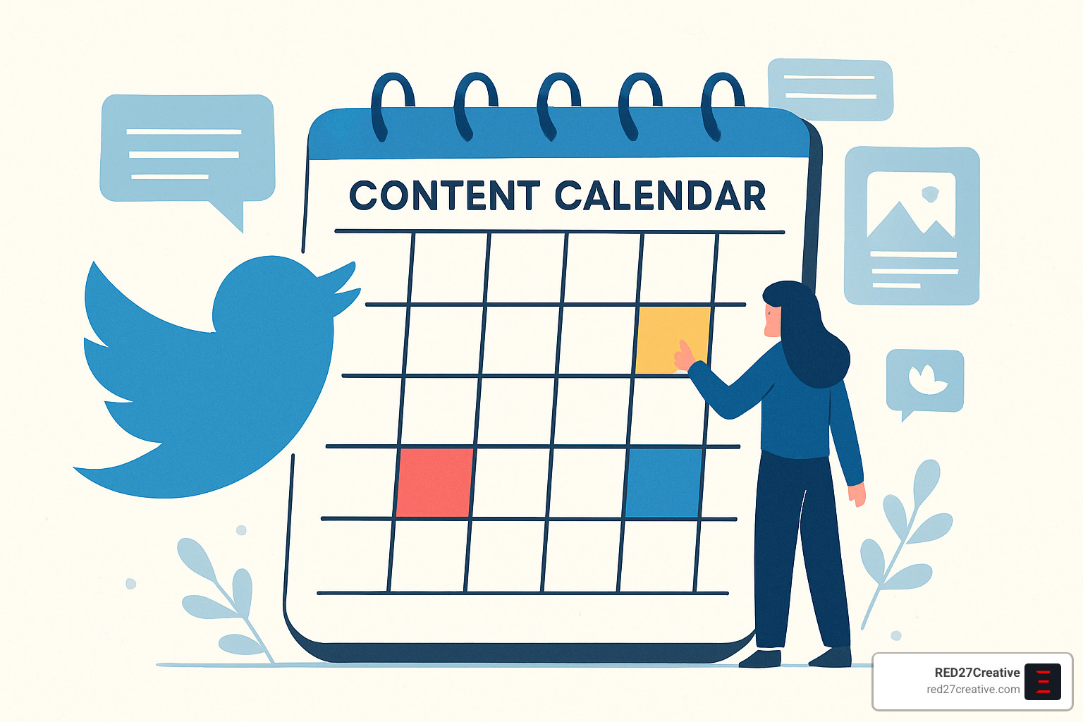 Plan, Tweet, Repeat: Mastering Your Twitter Content Calendar • Twitter content calendar • RED27Creative Collaborative content calendar board - Twitter content calendar