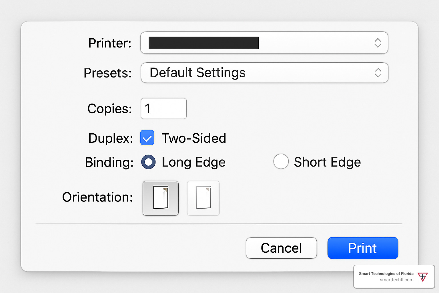 Duplex printing setup dialog showing binding options and page orientation settings - advanced printing features
