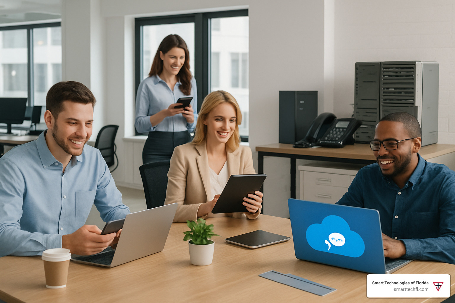 modern office setup with cloud communication tools on various devices compared to outdated PBX hardware - cloud communication platforms software