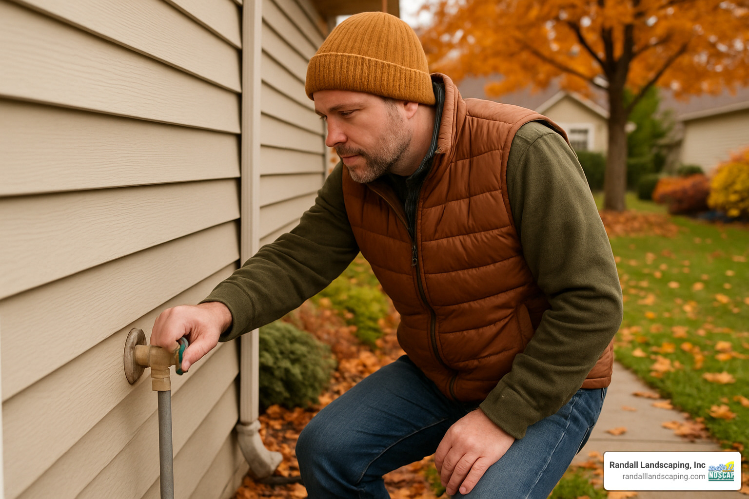 homeowner shutting off water for seasonal blow-out maintenance - professional sprinkler installation