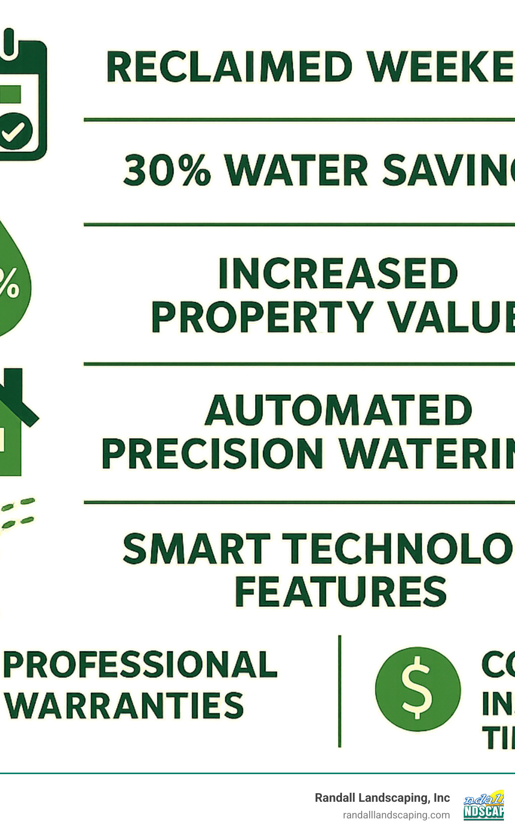 Infographic summarizing sprinkler installation benefits including reclaimed weekends, 30% water savings, increased property value, automated precision watering, smart technology features, and professional warranties versus costs and installation timeline - professional sprinkler installation infographic 