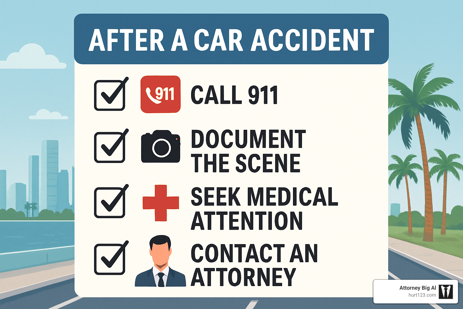 Checklist of immediate steps to take after a car accident, including calling 911, documenting the scene, seeking medical attention, and contacting an attorney - Miami motor vehicle accident attorney