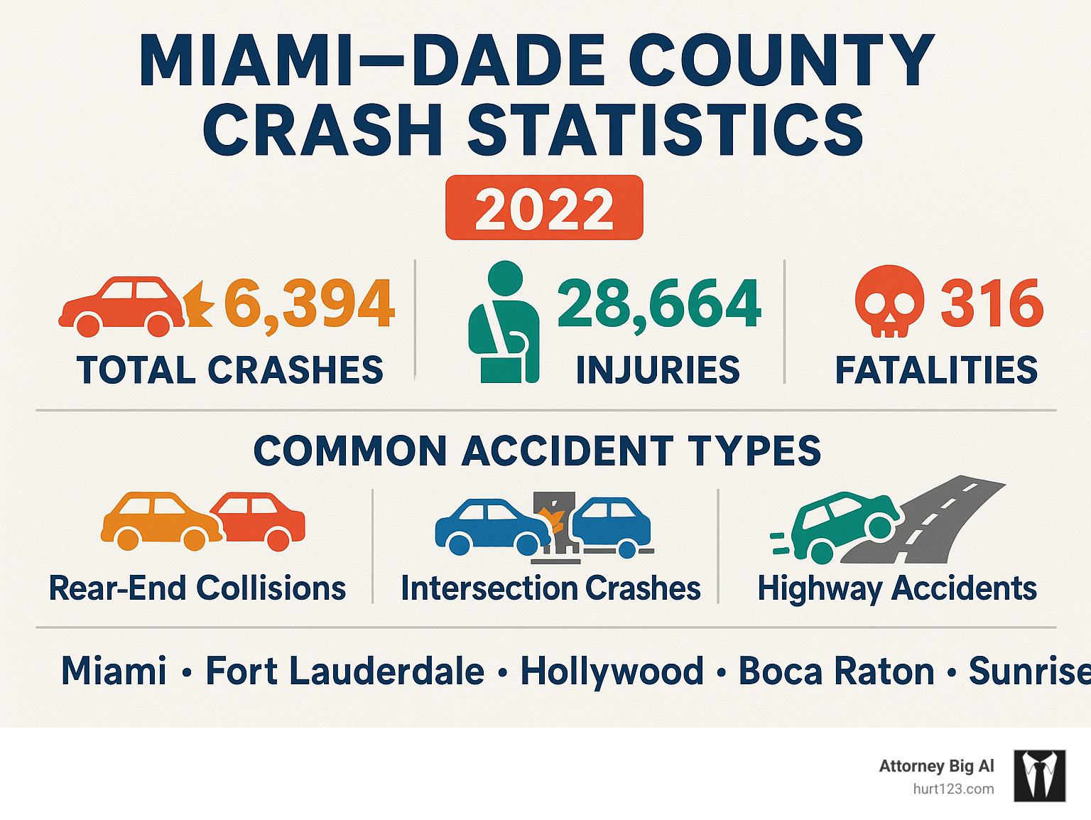 Infographic showing Miami-Dade County crash statistics: 63,394 total crashes in 2022, 28,664 injuries, 316 fatalities, and breakdown of common accident types including rear-end collisions, intersection crashes, and highway accidents across Miami, Fort Lauderdale, Hollywood, Boca Raton, and Sunrise - Miami motor vehicle accident attorney infographic 