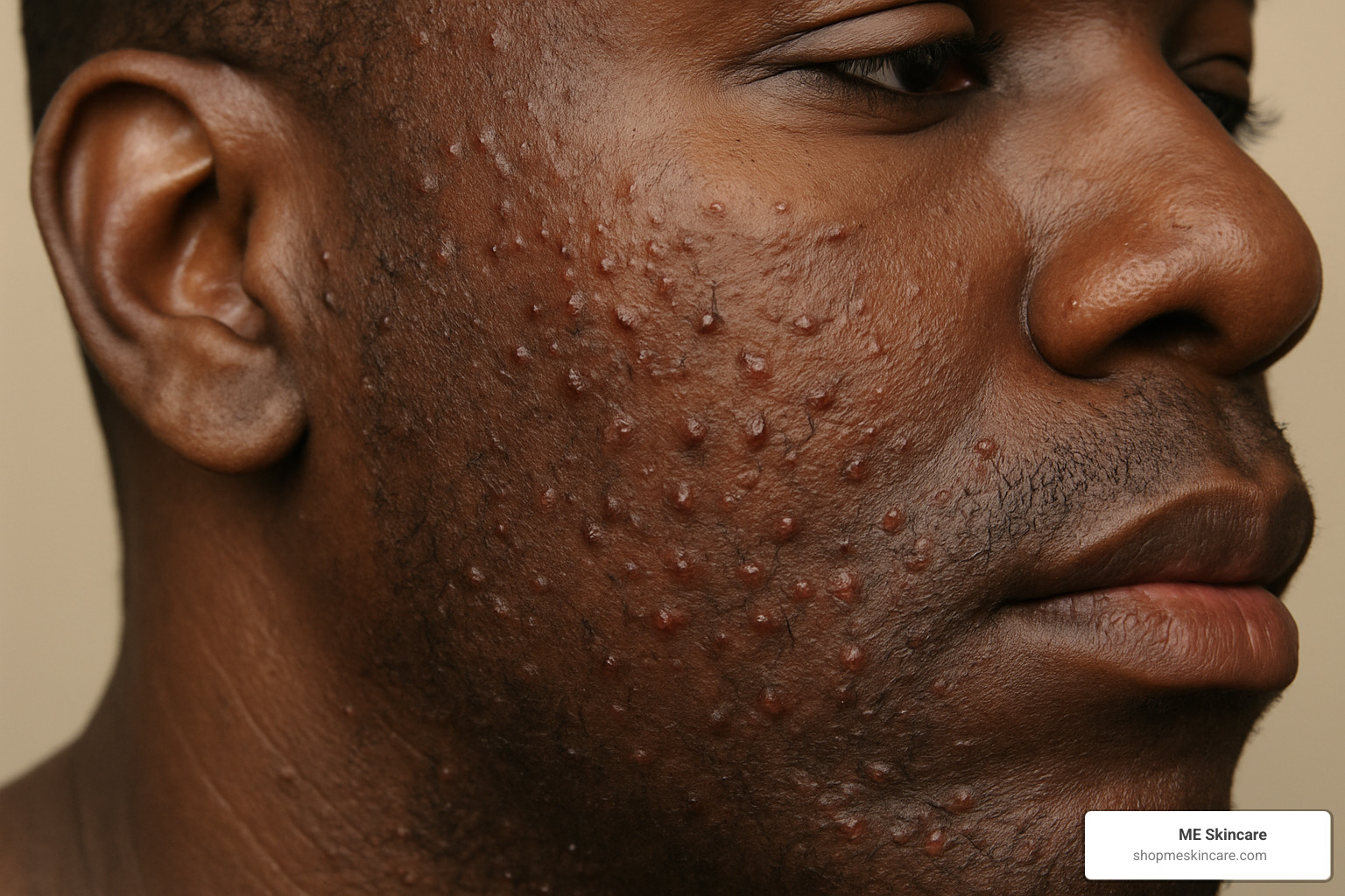 Close-up of razor bumps and ingrown hairs on dark skin - Skincare routine for black men