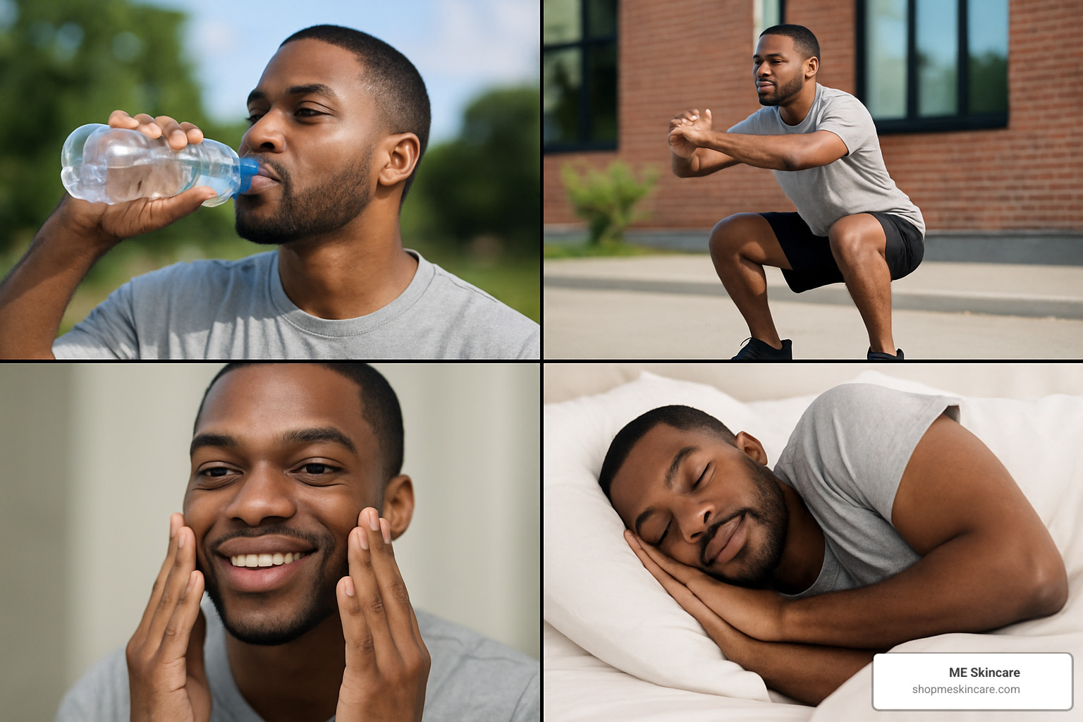 Collage showing healthy lifestyle elements: man drinking water, exercising, applying skincare, and sleeping well - Skincare routine for black men