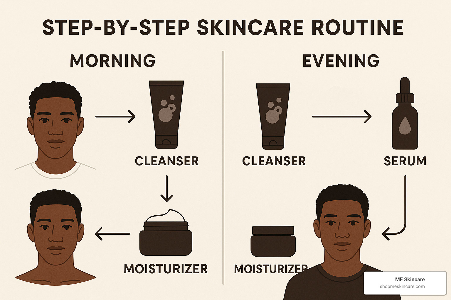 Step-by-step skincare routine layout showing morning and evening products arranged in order of application - Skincare routine for black men