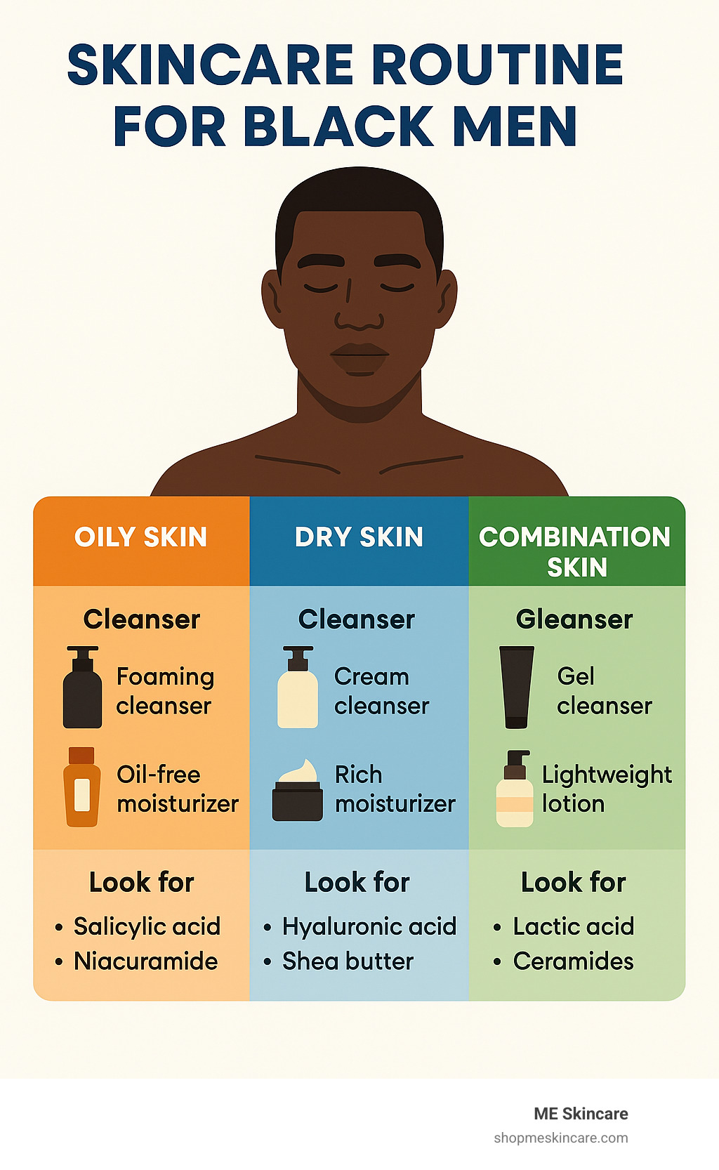 Infographic comparing skincare needs for oily, dry, and combination skin types with specific product recommendations and ingredients for each type - Skincare routine for black men infographic