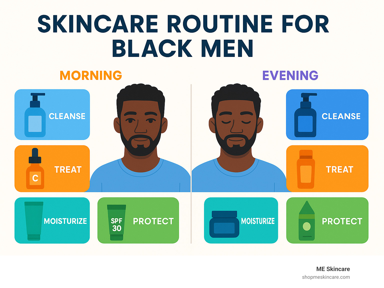 Infographic showing 4-step skincare routine for black men with morning and evening routines, highlighting cleanse, treat, moisturize, and protect steps with specific product types and timing for optimal results - Skincare routine for black men infographic
