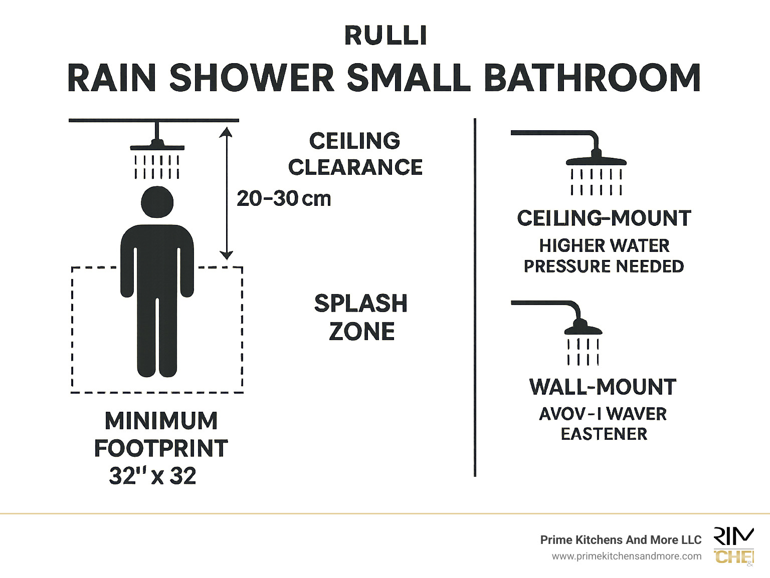 Infographic showing optimal rain shower dimensions for small bathrooms including minimum 32x32 inch footprint, recommended ceiling clearance of 20-30 cm above head, splash zone measurements, and comparison between ceiling-mount versus wall-mount installation options with water pressure requirements - rain shower small bathroom infographic 