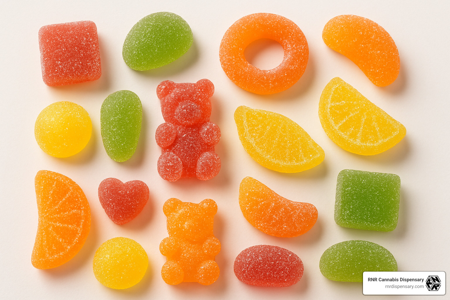 Colorful array of assorted fruit-flavored gummies - best online gummy edibles