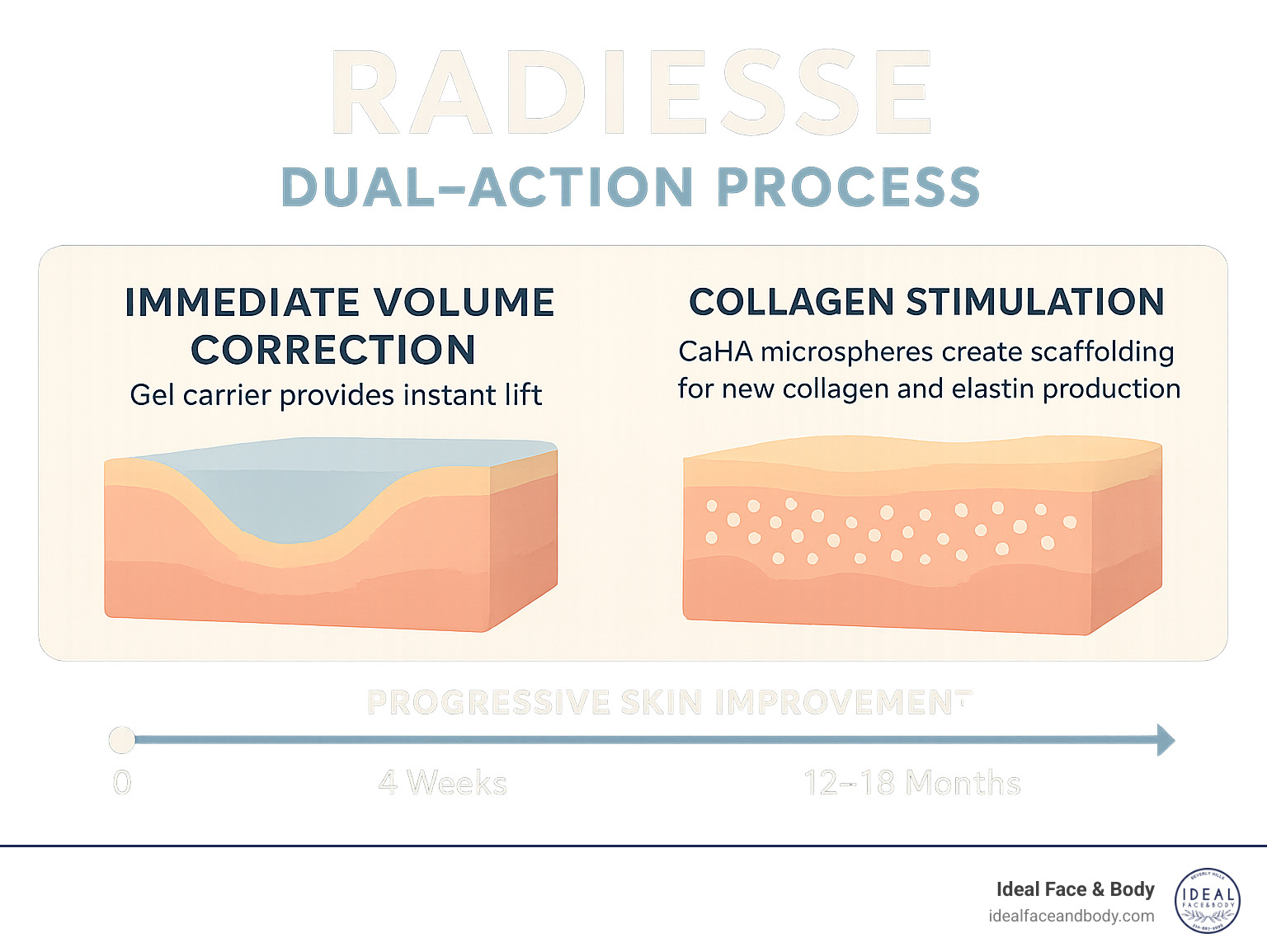Infographic showing the dual-action process of Radiesse: immediate volume correction with gel carrier providing instant lift, followed by 4-week collagen stimulation timeline as CaHA microspheres create scaffolding for new collagen and elastin production, resulting in progressive skin improvement over 12-18 months - radiesse infographic 