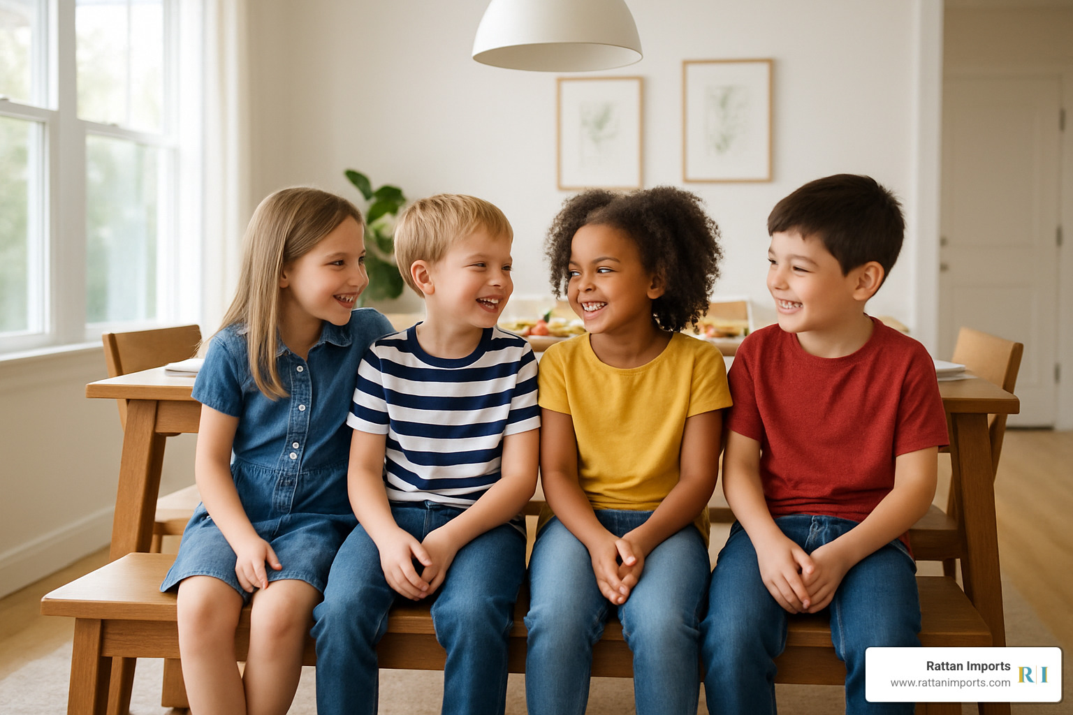 dining bench with children seated shoulder-to-shoulder - benches stools