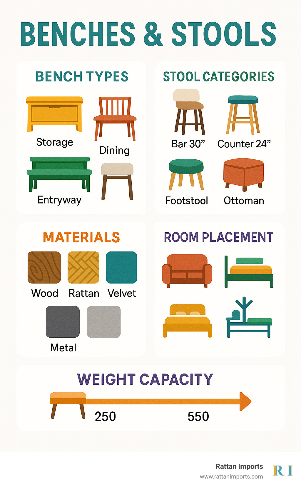 Comprehensive guide showing bench types (storage, dining, entryway), stool categories (bar 30", counter 24", footstool, ottoman), materials (wood, rattan, velvet, metal), and room placement recommendations with weight capacity ranges 250-550 lbs - benches stools infographic 