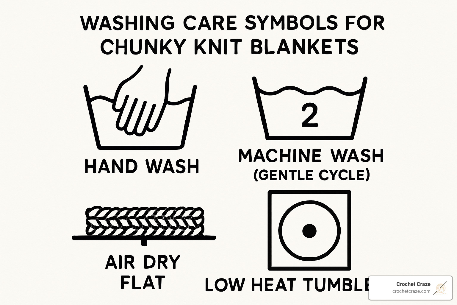 washing care symbols showing hand wash, machine wash, and drying instructions - chunky knit blanket yarn