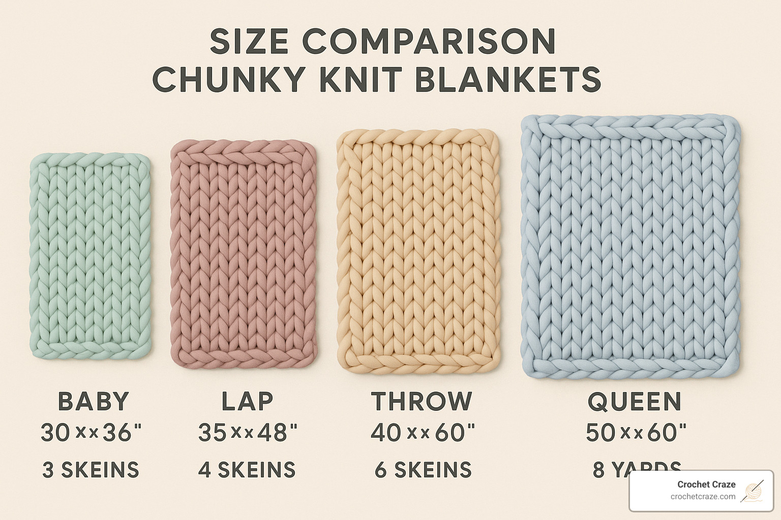 size comparison showing baby, lap, throw, and queen blankets with yarn requirements labeled - chunky knit blanket yarn