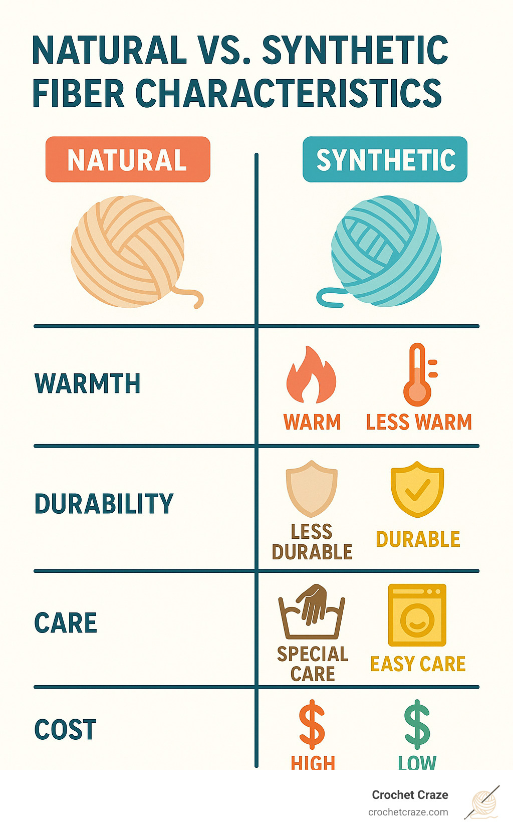 Comparison infographic showing natural vs synthetic fiber characteristics including warmth, durability, care requirements, and cost - chunky knit blanket yarn infographic