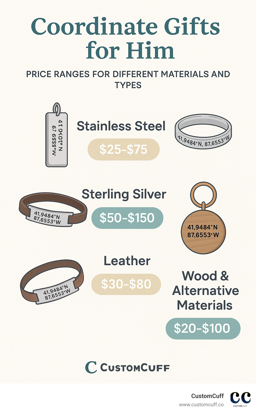 infographic showing price ranges for different coordinate gift materials and types - coordinate gifts for him infographic 