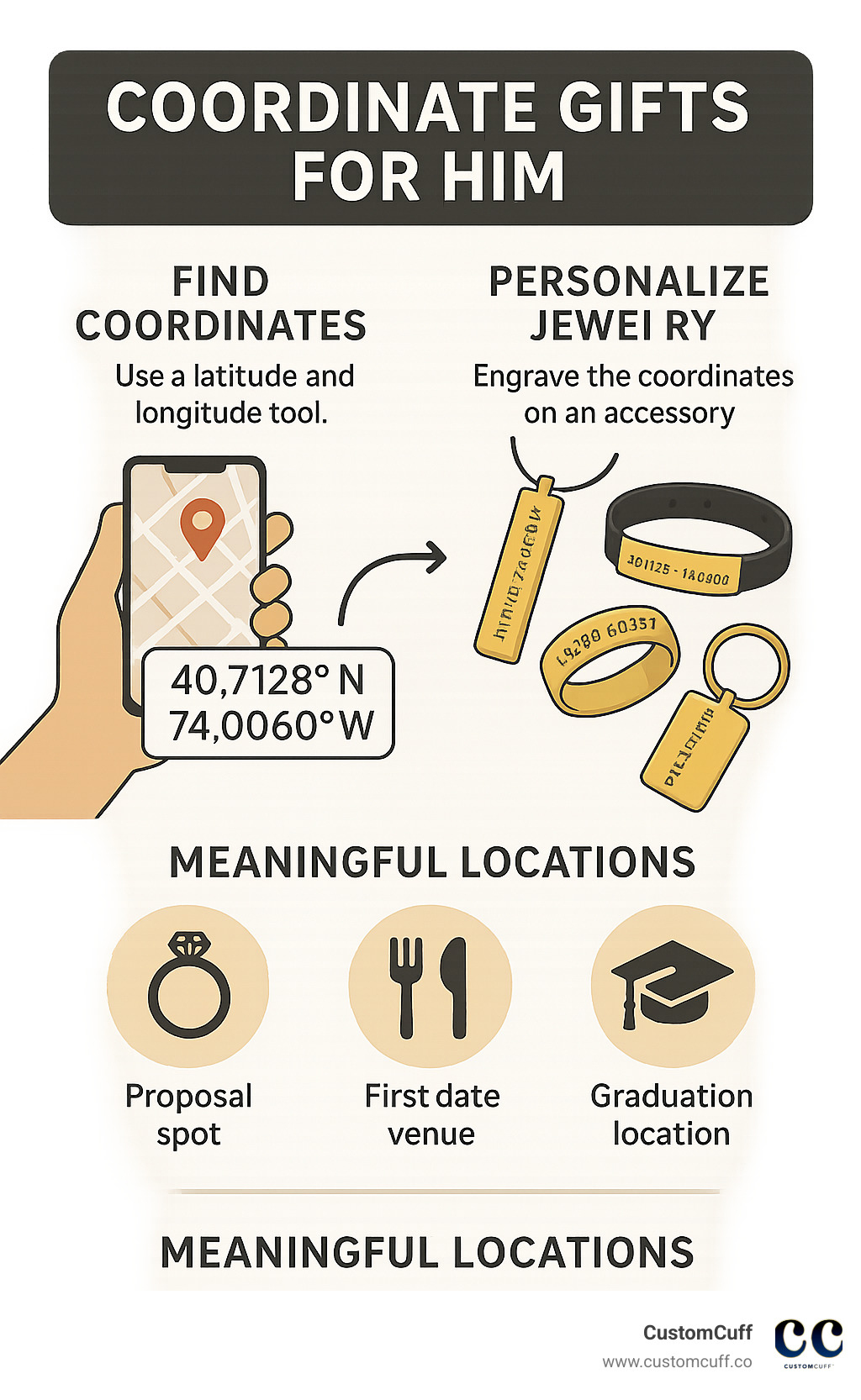 Detailed infographic showing the process of turning GPS coordinates into personalized jewelry gifts for men, including steps from finding coordinates using latitude and longitude tools to engraving them on various accessories like necklaces, bracelets, rings, and keychains, with examples of meaningful locations like proposal spots, first date venues, and graduation locations - coordinate gifts for him infographic 