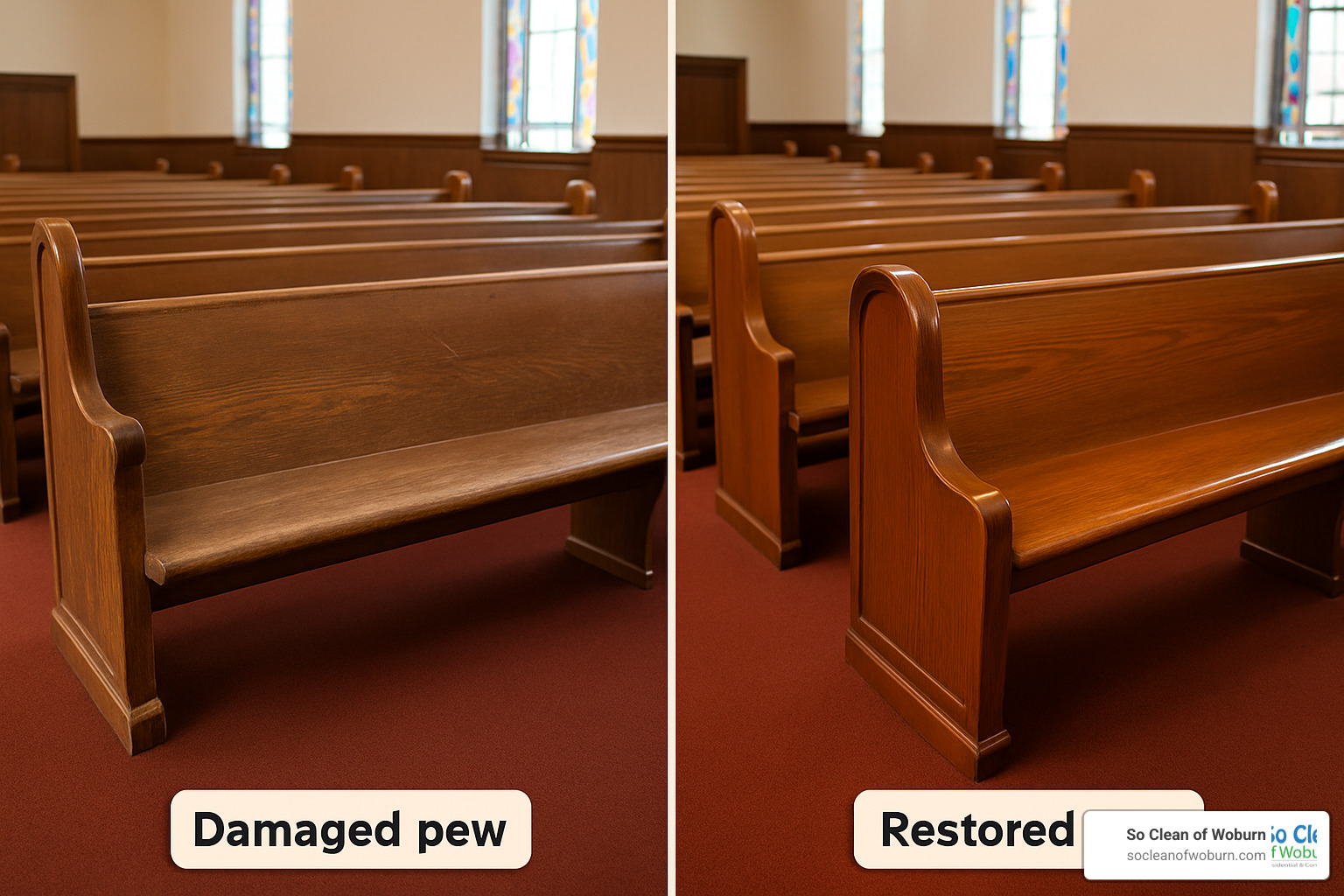 damaged church pew finish compared to restored pew - best way to clean church pews