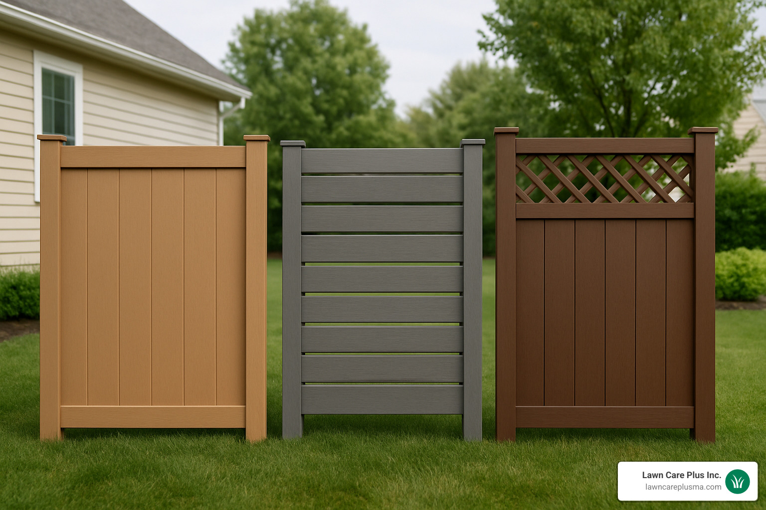 Composite fence color options showing Saddle, Winchester Grey, and Woodland Brown samples with different fence styles - composite fence installers near me