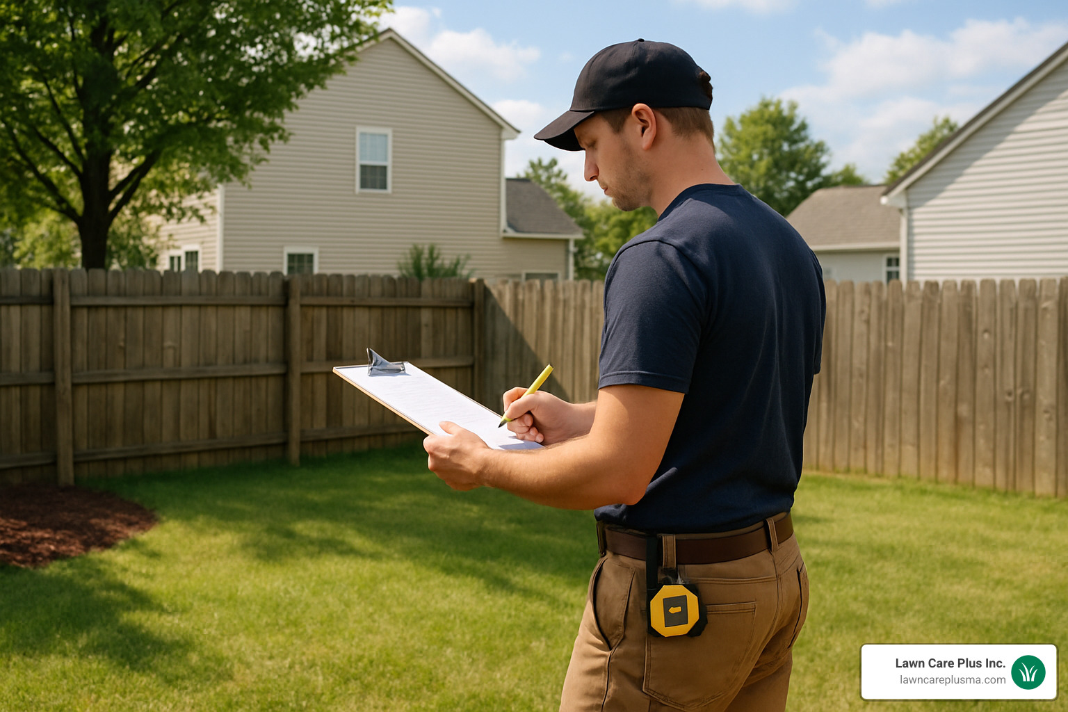 Professional contractor inspecting residential yard with measuring tools and clipboard, preparing for fence installation consultation - composite fence installers near me