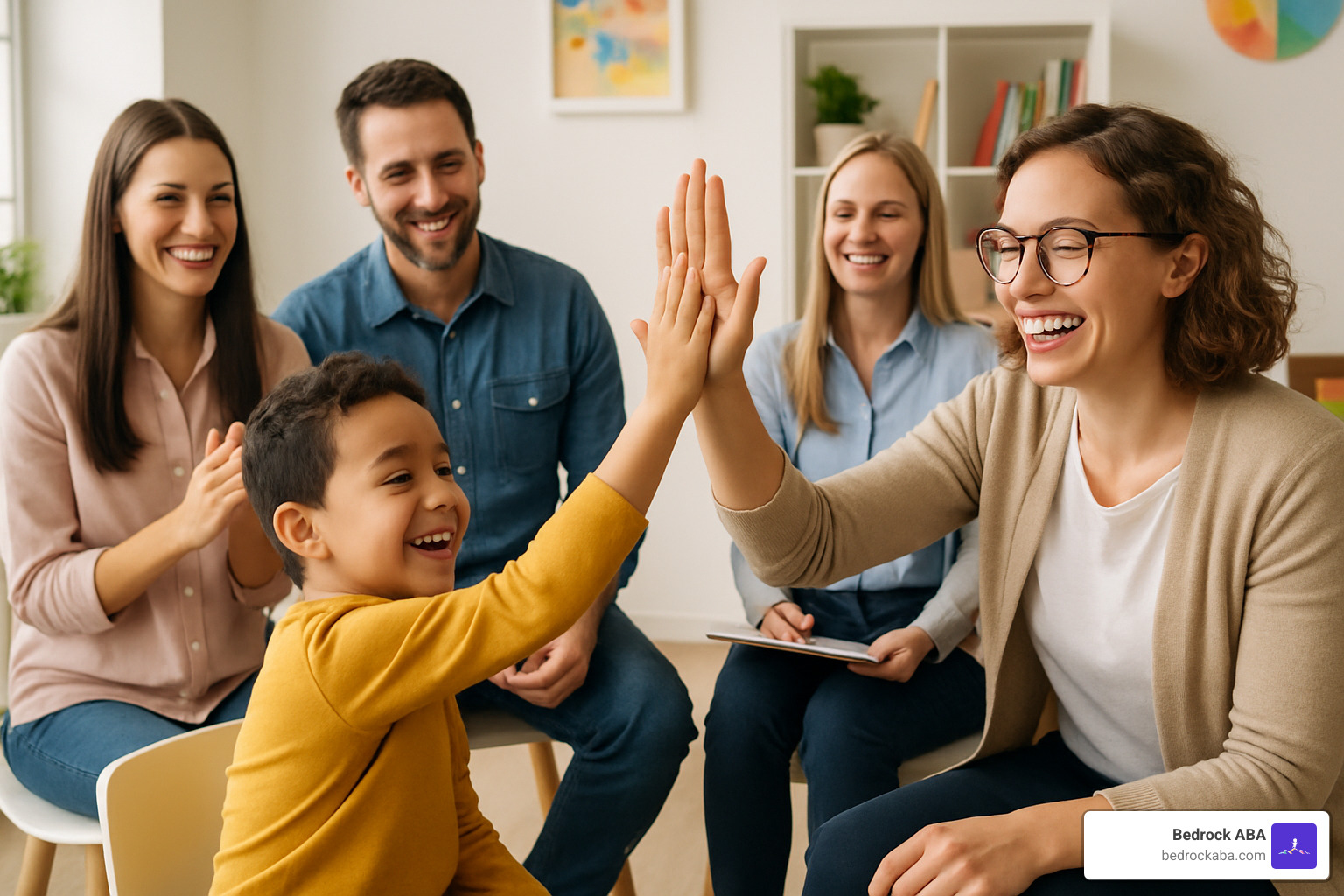 Happy child celebrating a therapy milestone with family and ABA team, representing hope, progress, and successful outcomes - aba services for children