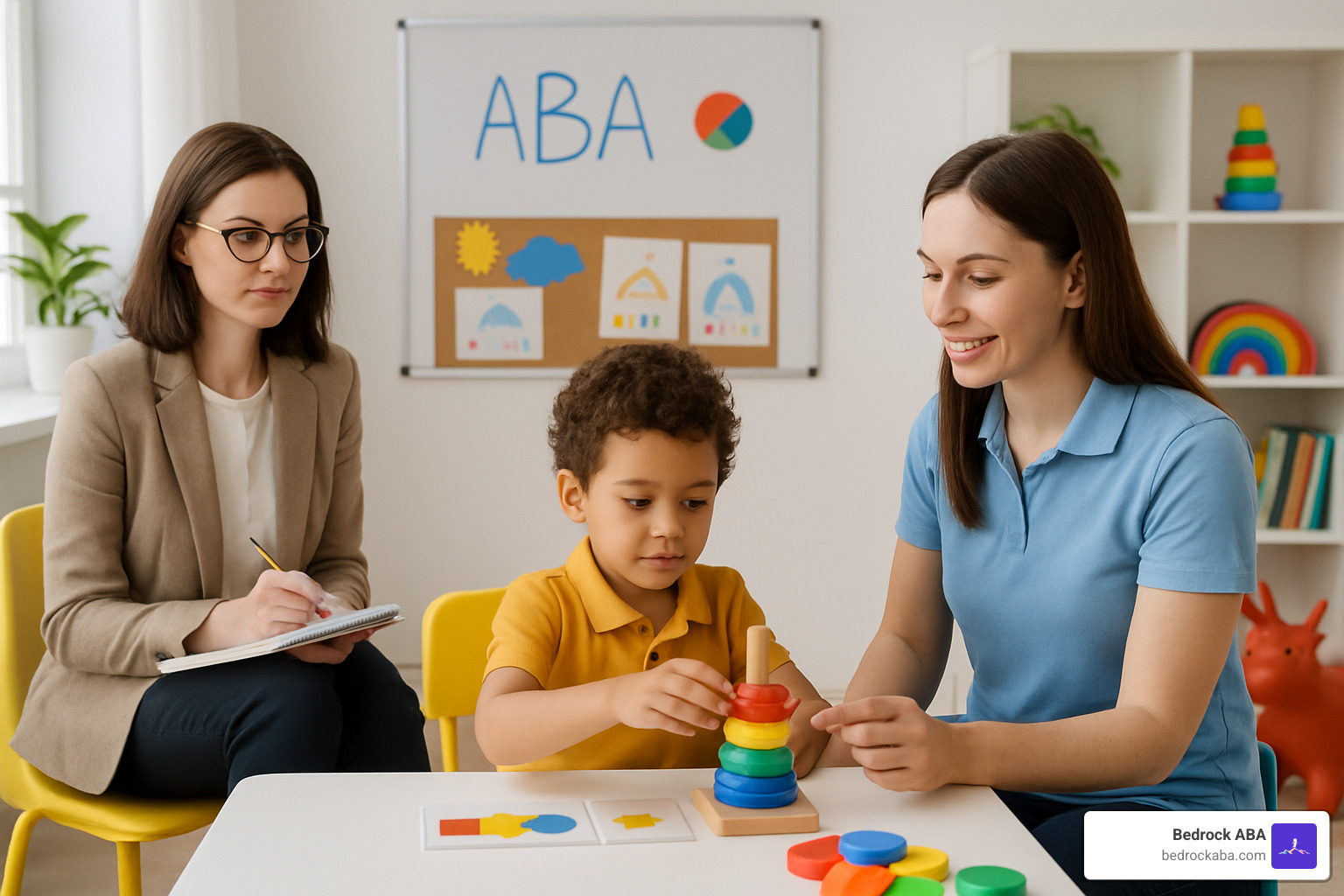 Professional ABA therapy session showing a BCBA supervising an RBT working with a child - aba services for children