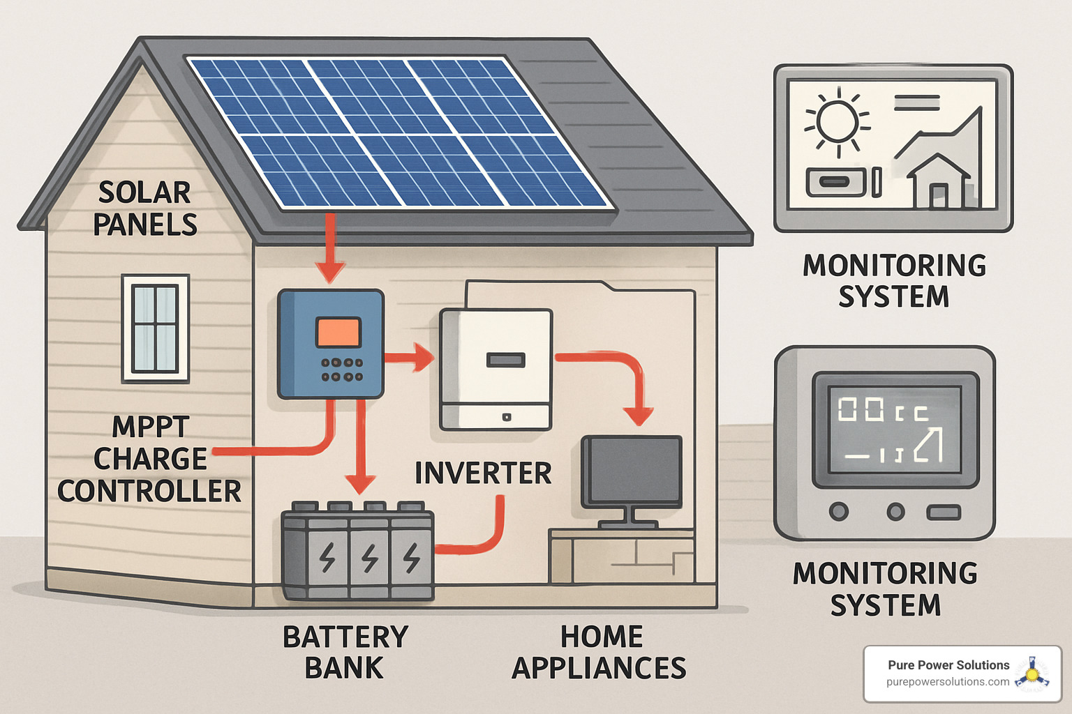detailed diagram showing solar panels, charge controller, battery bank, inverter, and monitoring system connections - solar power with battery storage to make electricity off-grid