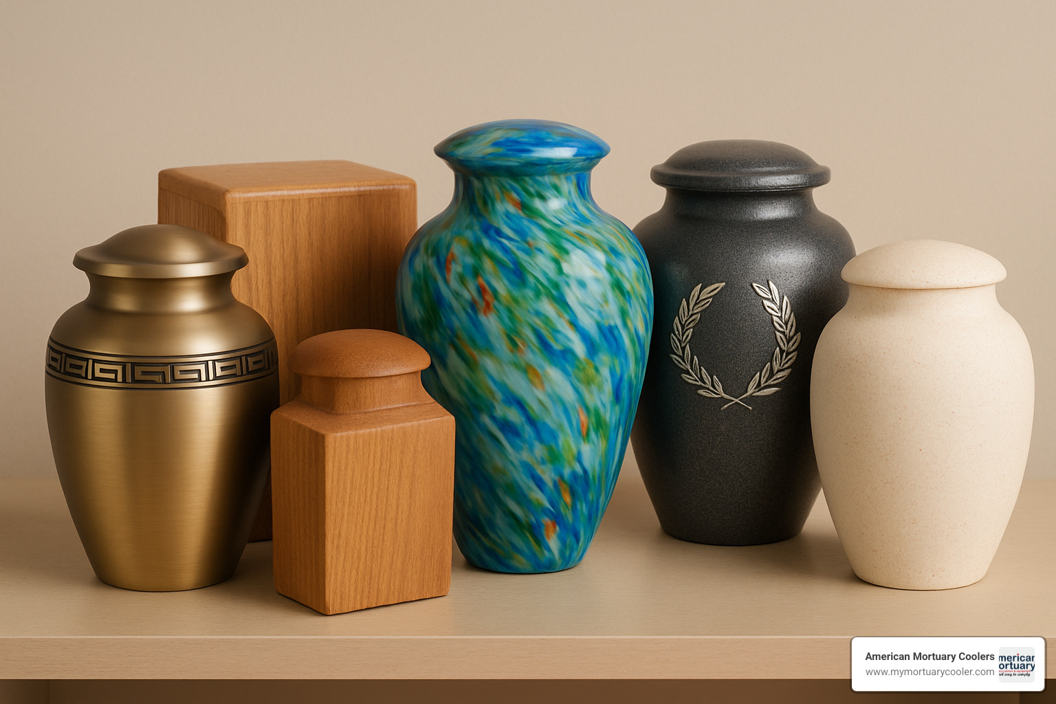 various adult cremation urns displayed showing metal, wood, glass and biodegradable options - urns for ashes for adults