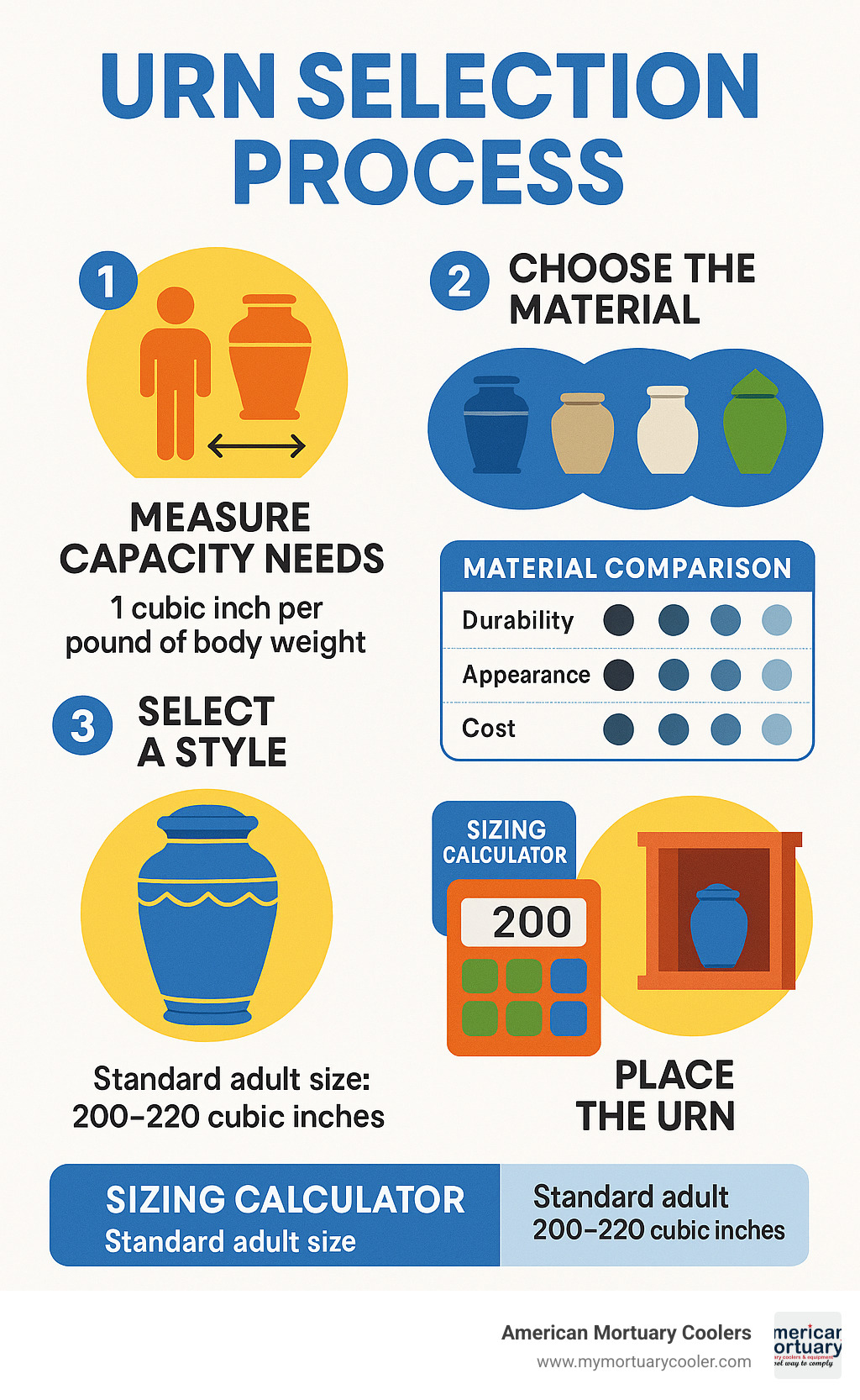 Step-by-step guide showing urn selection process from measuring capacity needs to final placement, including material comparison chart and sizing calculator for adult cremation urns - urns for ashes for adults infographic 