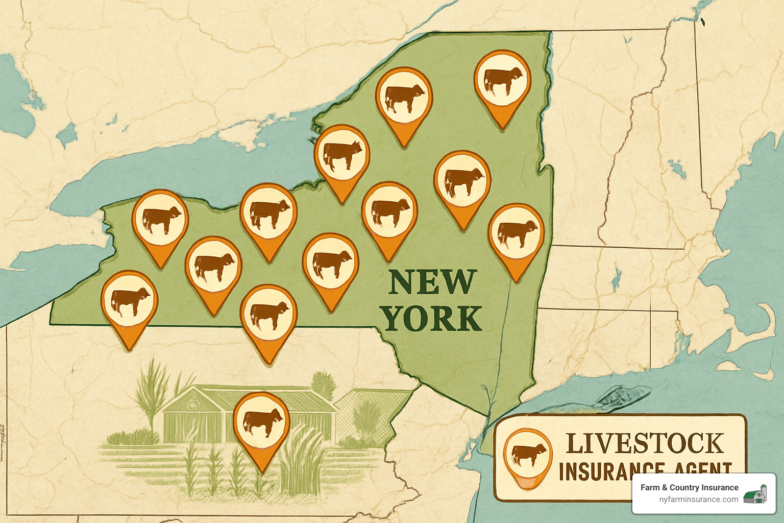 agent locator map showing livestock insurance agents across New York state - Livestock insurance near me