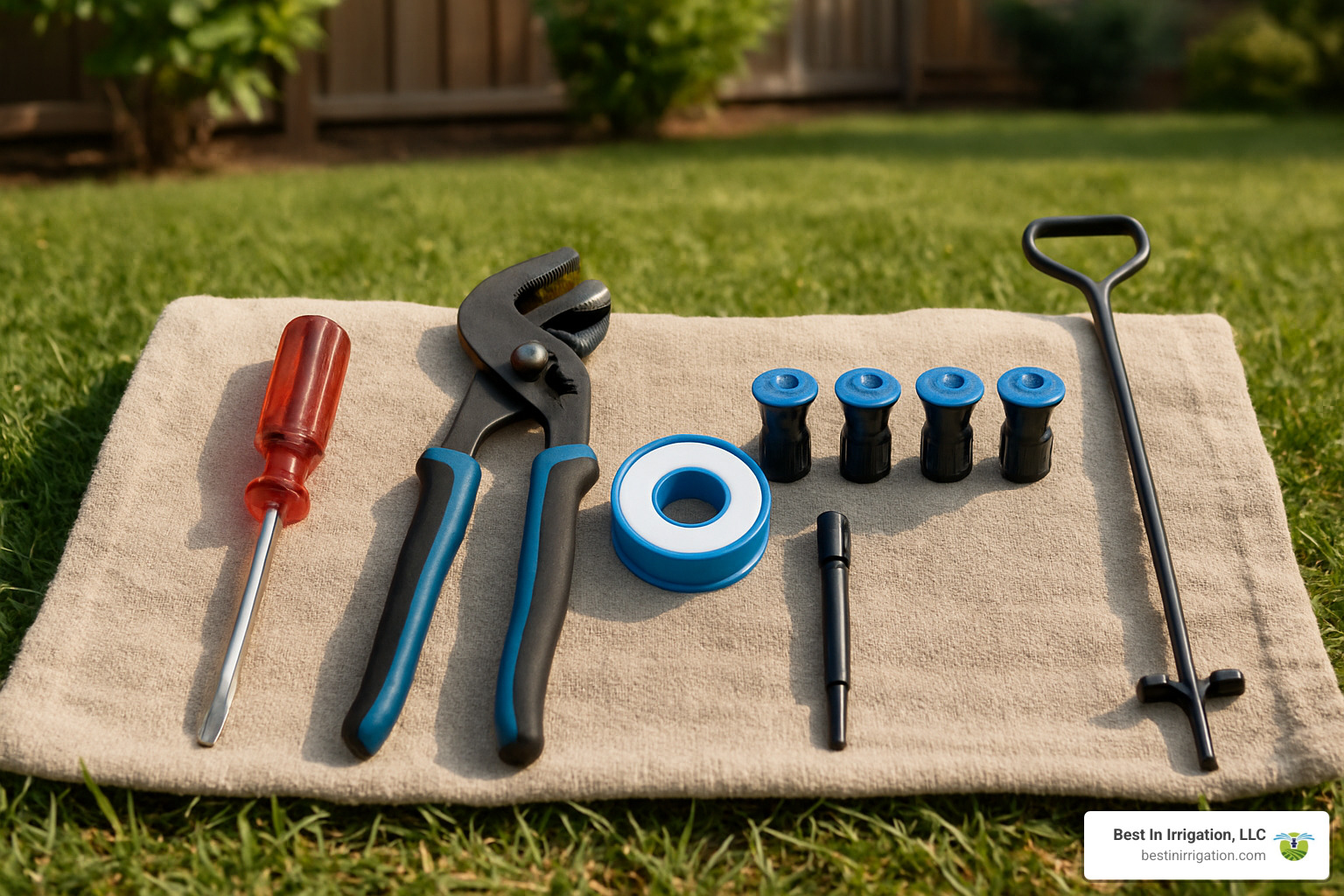 basic sprinkler repair tools laid out including screwdriver, pliers, tape, and replacement parts - repair broken sprinkler head