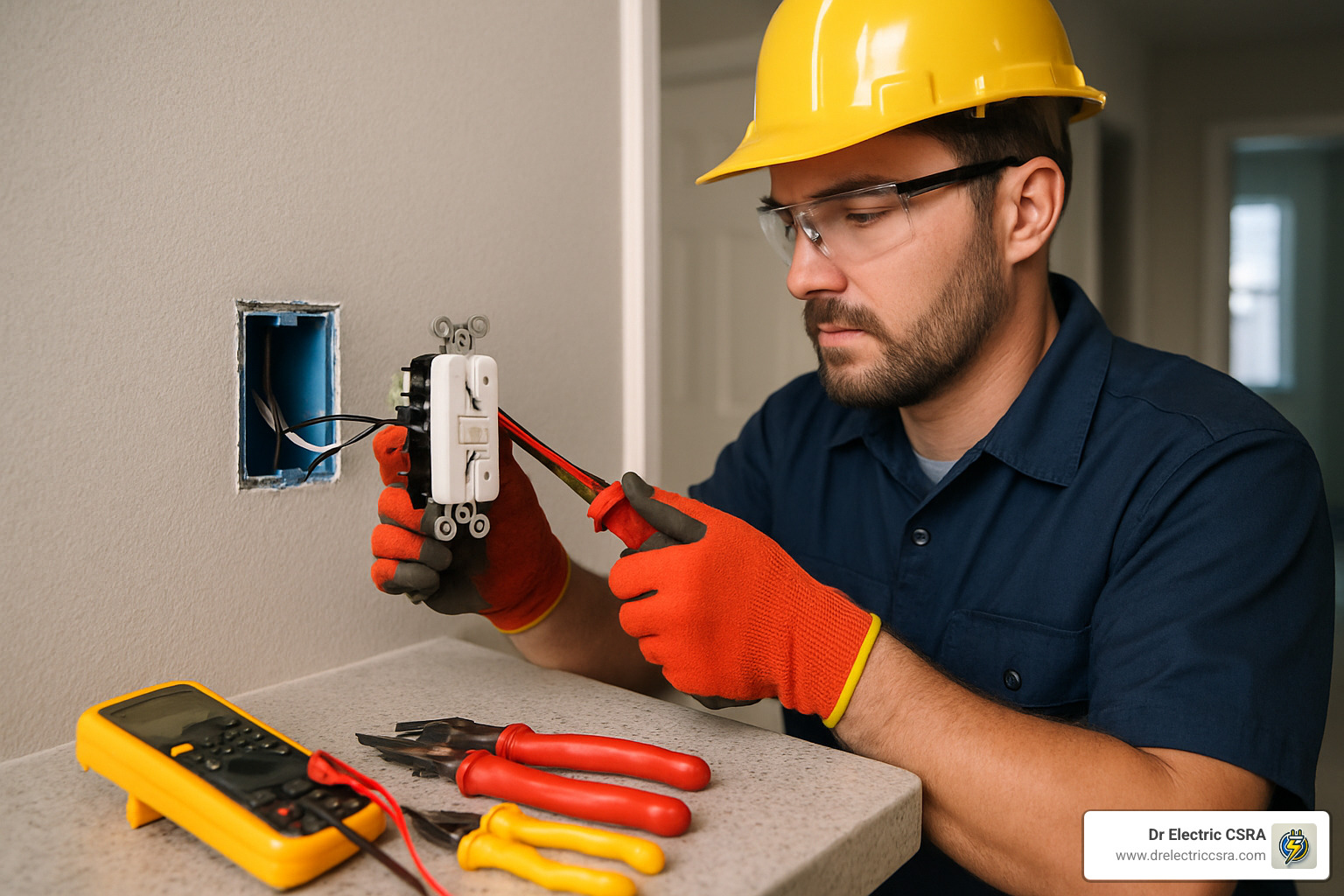 Electrician in safety gear working on an electrical outlet installation, using tools like pliers and a multimeter, with additional tools on a countertop, emphasizing professional electrical repair services.