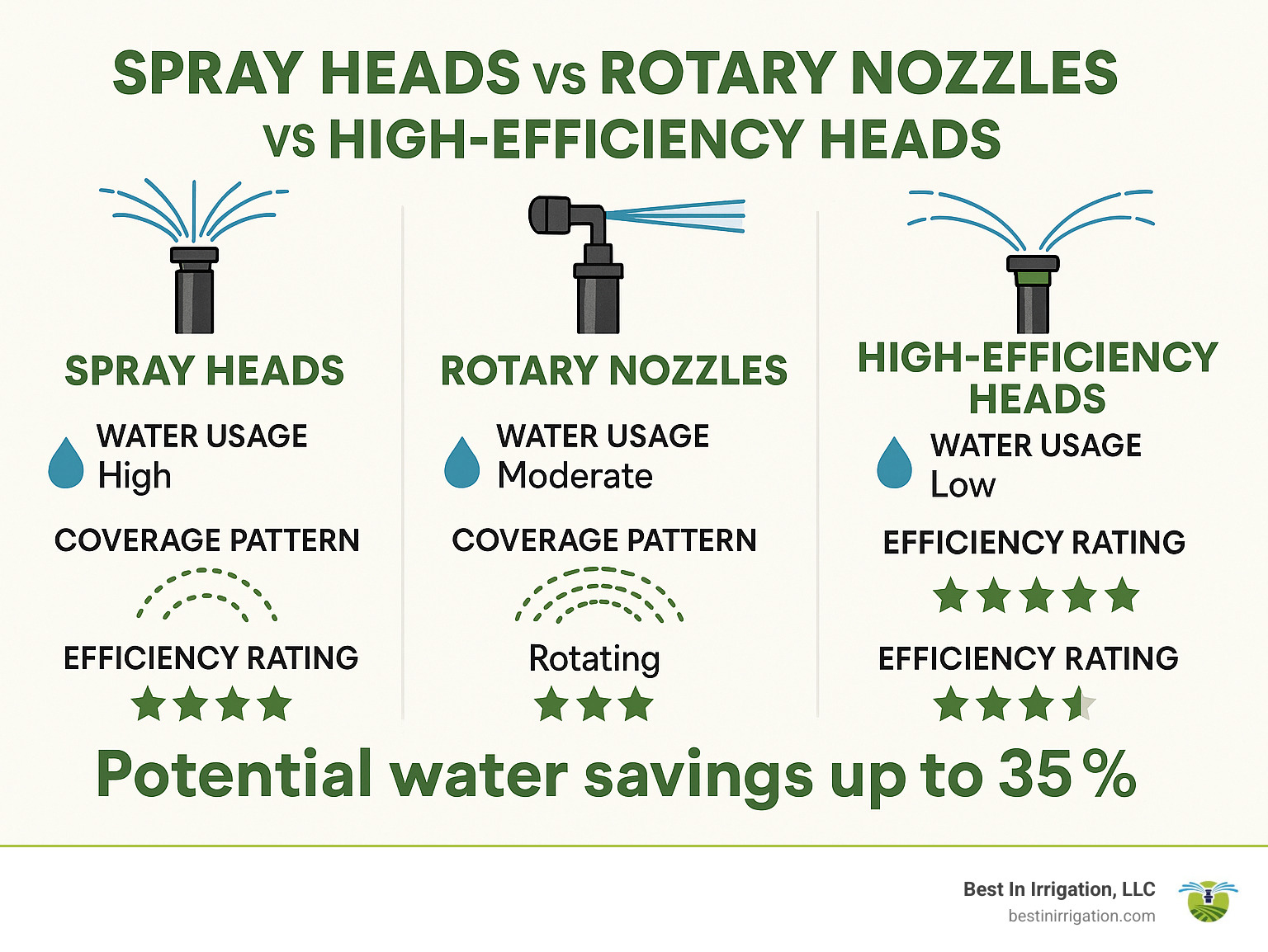 Comparison infographic showing water usage, coverage patterns, and efficiency ratings for spray heads vs rotary nozzles vs high-efficiency heads, with potential water savings up to 35% highlighted - repair broken sprinkler head infographic 