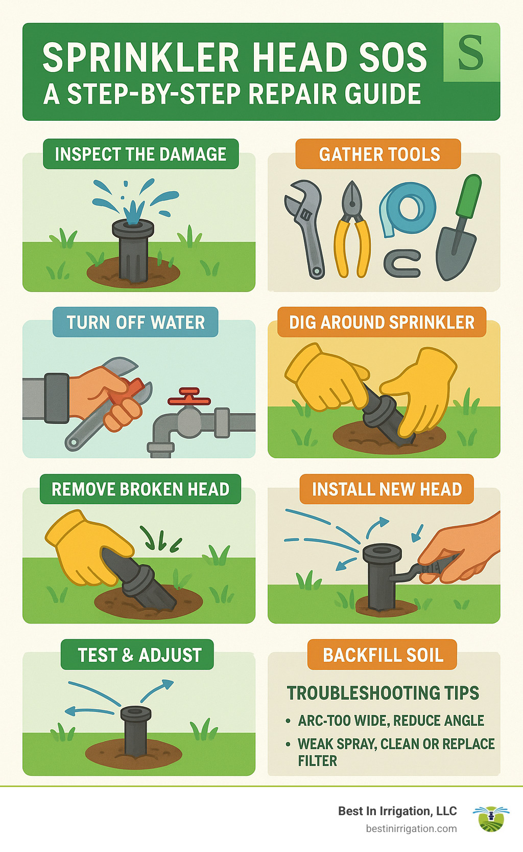 Step-by-step infographic showing the complete sprinkler head repair process from initial inspection through final testing, including tools needed, safety steps, removal techniques, installation procedures, and troubleshooting tips for Massachusetts homeowners - repair broken sprinkler head infographic 