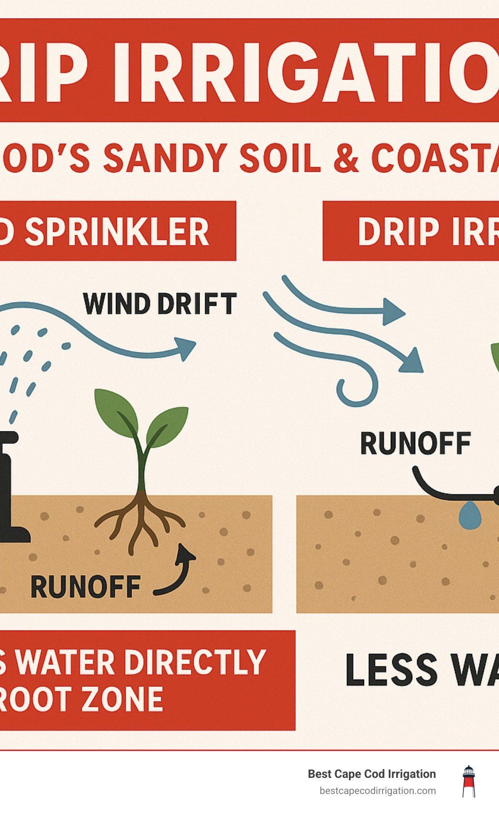 Detailed infographic showing drip irrigation water delivery directly to plant root zones versus overhead sprinkler water loss through evaporation, runoff, and wind drift, specifically highlighting Cape Cod's sandy soil conditions and coastal wind challenges - drip irrigation Cape Cod infographic 