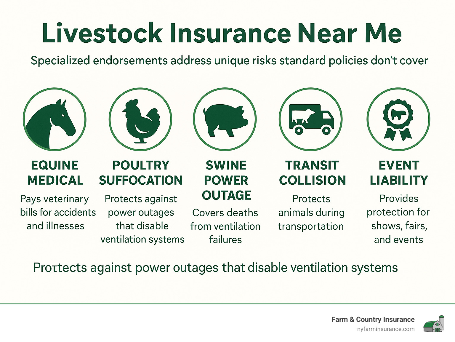 detailed infographic showing specialized livestock insurance endorsements including equine medical, poultry suffocation, swine power outage, transit collision, and event liability coverage options - Livestock insurance near me infographic 