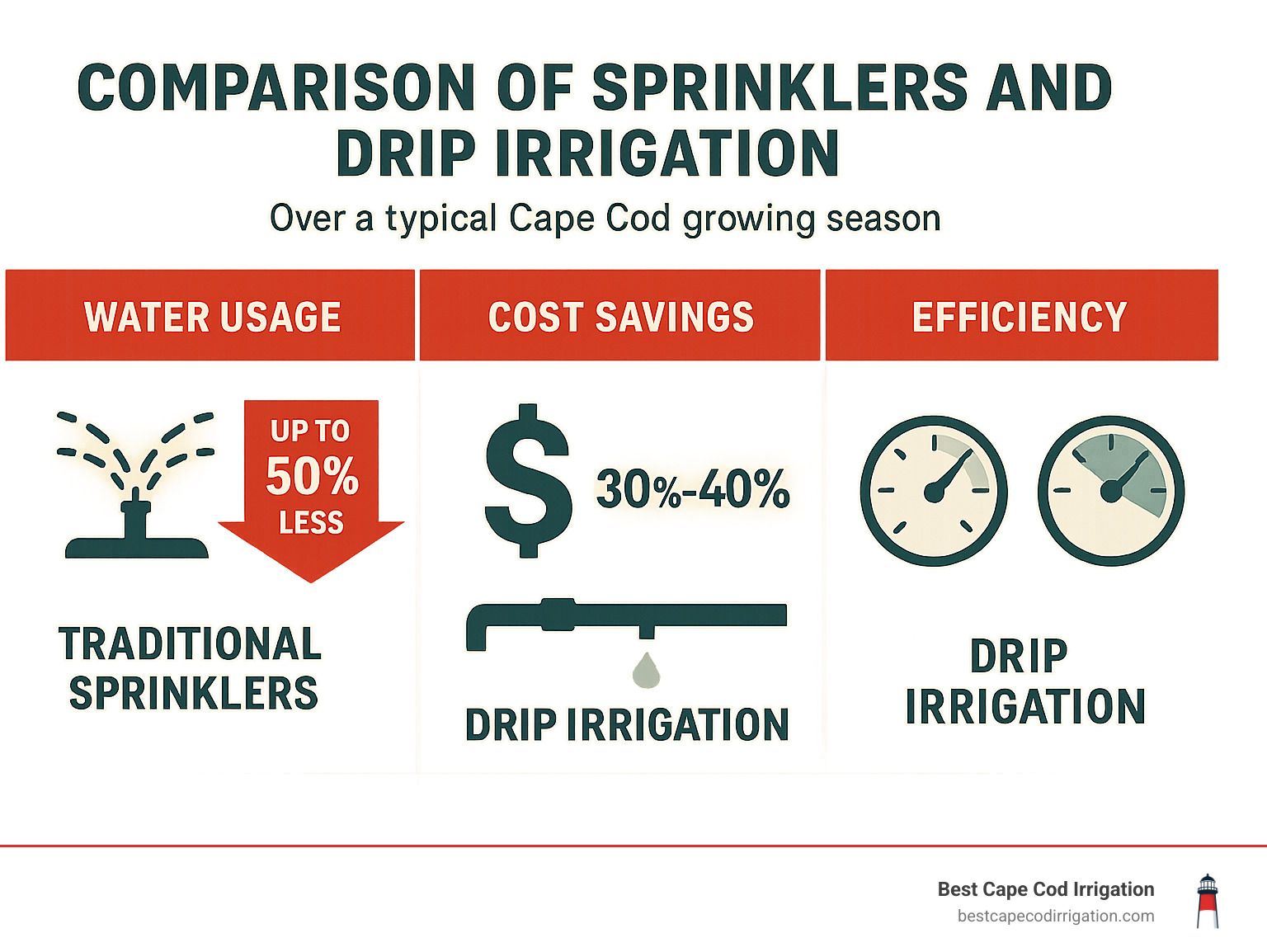 Comparison chart showing water usage, cost savings, and efficiency metrics between traditional sprinklers and drip irrigation systems over a typical Cape Cod growing season - drip irrigation Cape Cod infographic 