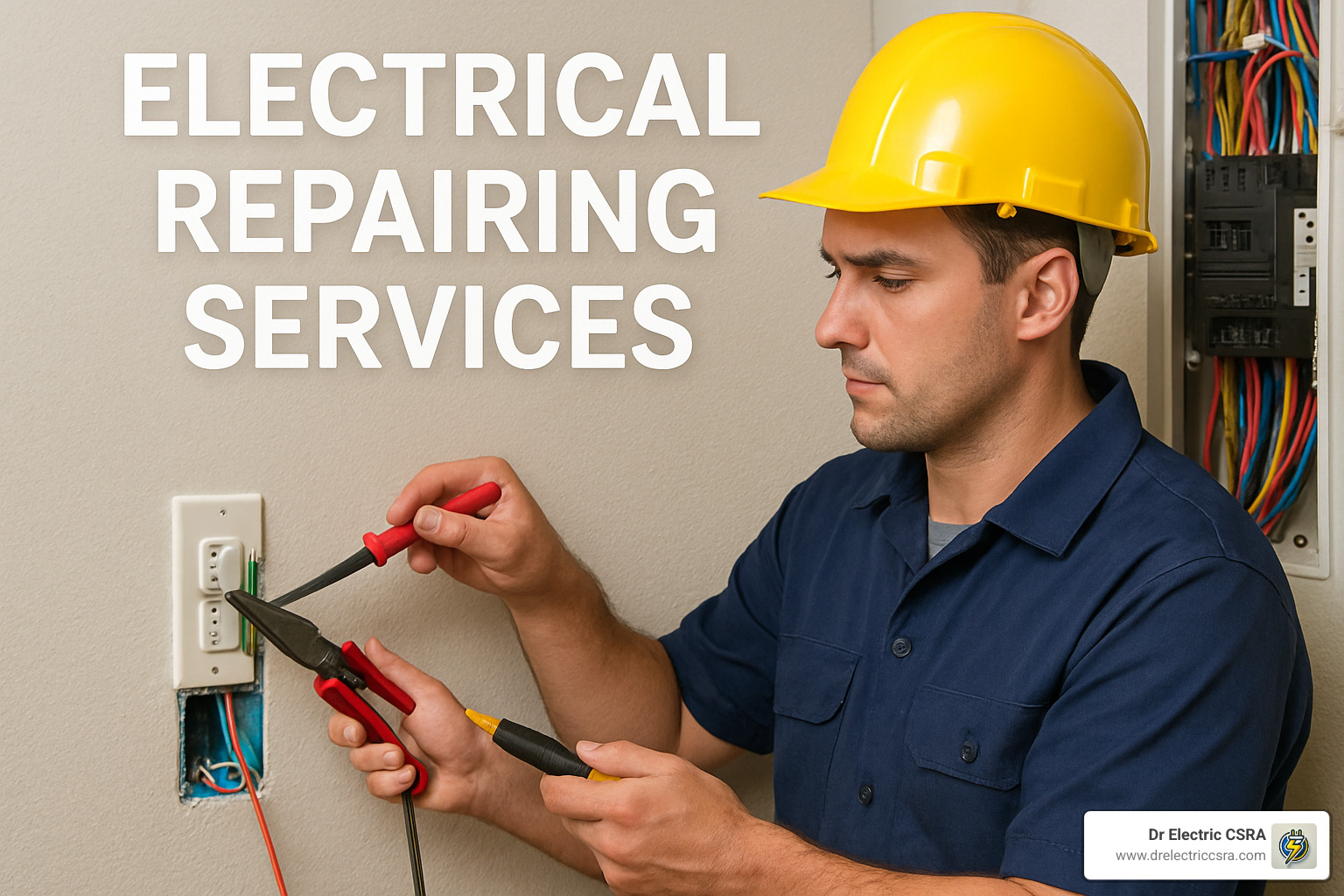 Electrician performing electrical repair services, using tools on wall outlet, with colorful wires visible in background, emphasizing professional electrical work.
