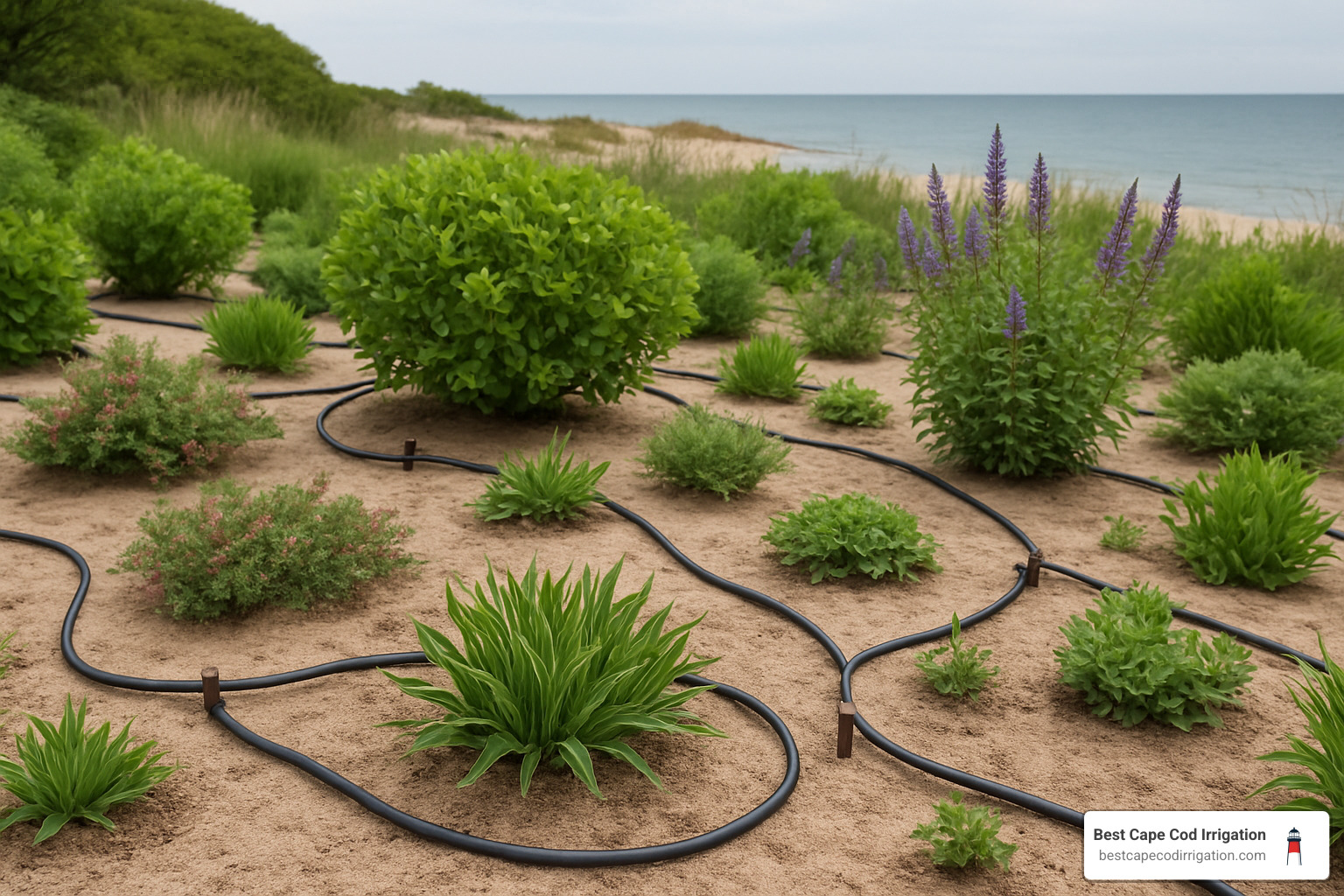 Cape Cod coastal garden with drip irrigation system showing healthy plants and efficient water usage - drip irrigation Cape Cod