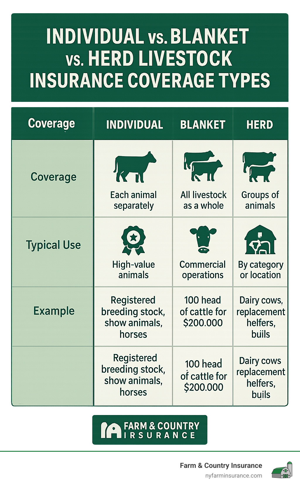 comparison table showing individual vs blanket vs herd livestock insurance coverage types - Livestock insurance near me infographic 