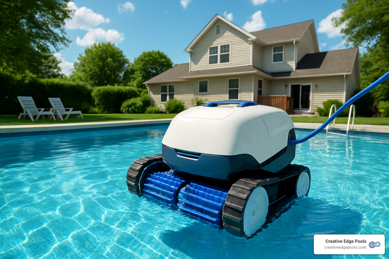 robotic pool cleaner working in crystal clear pool water - backyard swimming pool