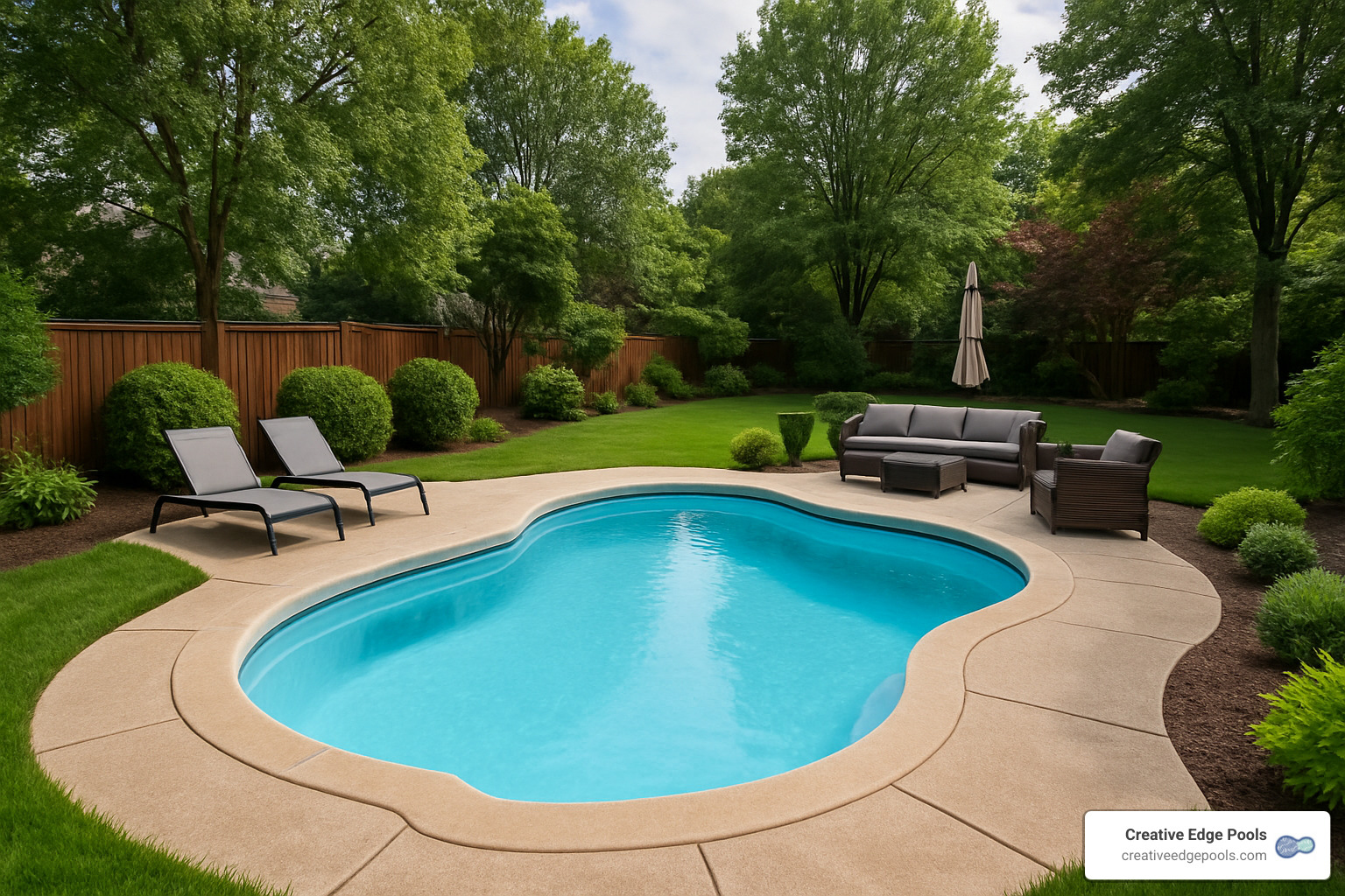 fiberglass kidney shaped pool in backyard setting - backyard swimming pool